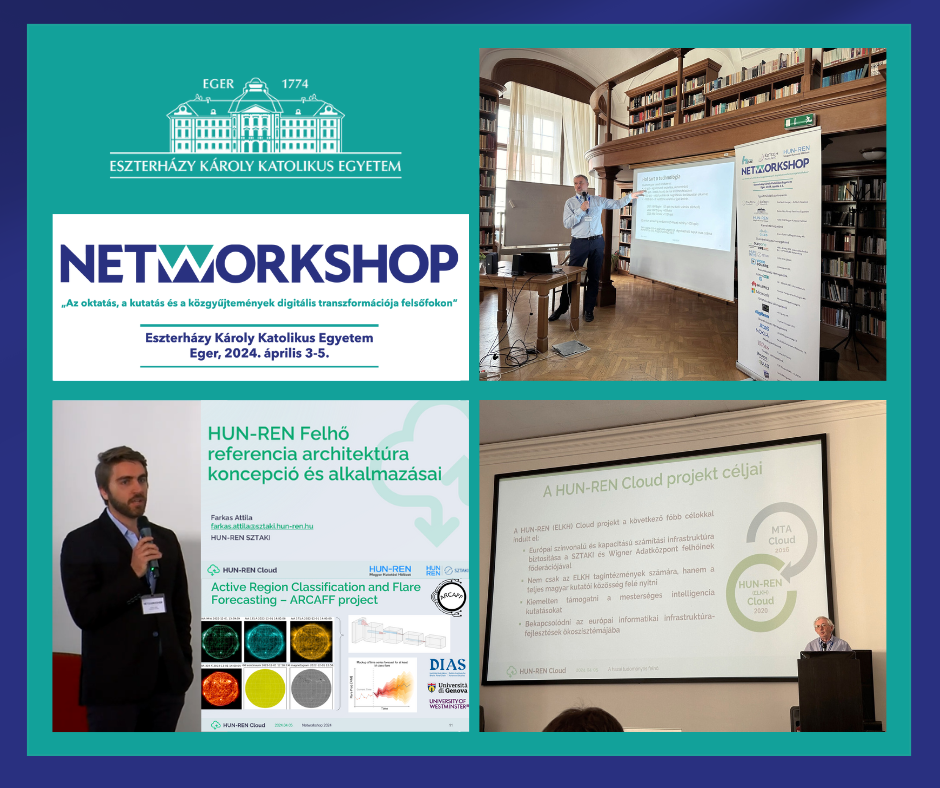 Ez a kép egy fotókollázs. Látszik rajta a Networkshop logója és három HUN-REN Cloud prezentáció.