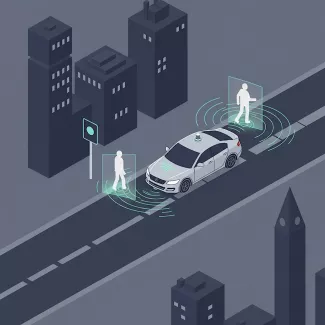 Rajz egy önvezető autóról, ami LiDAR-ral érzékeli a gyalogosokat körülötte.