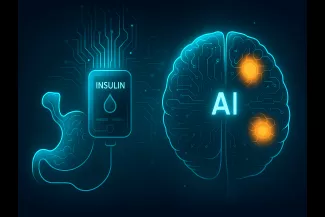 Ai kép egy inzulinpumpáról és egy daganatos agyról, melyet az AI térképez fel.