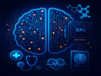 Absztrakt kiber‑orvosi AI: digitális agy világító neurális hálózatokkal és beépített GPU‑kártyával.