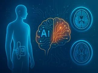 Diabétesz és MRI feldolgozás – emberi sziluett inzulinpumpával, mellettük mesterséges intelligenciát jelképező agy, illetve MRI‑szeletek.