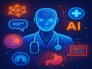Futurista orvos hologram, körülötte neurális háló és orvosi ikonok – az AI széleskörű alkalmazása az orvoslásban.