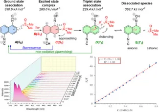 Molecular process with energy states, fluorescence and quenching pathways, plus spectrum and graph.